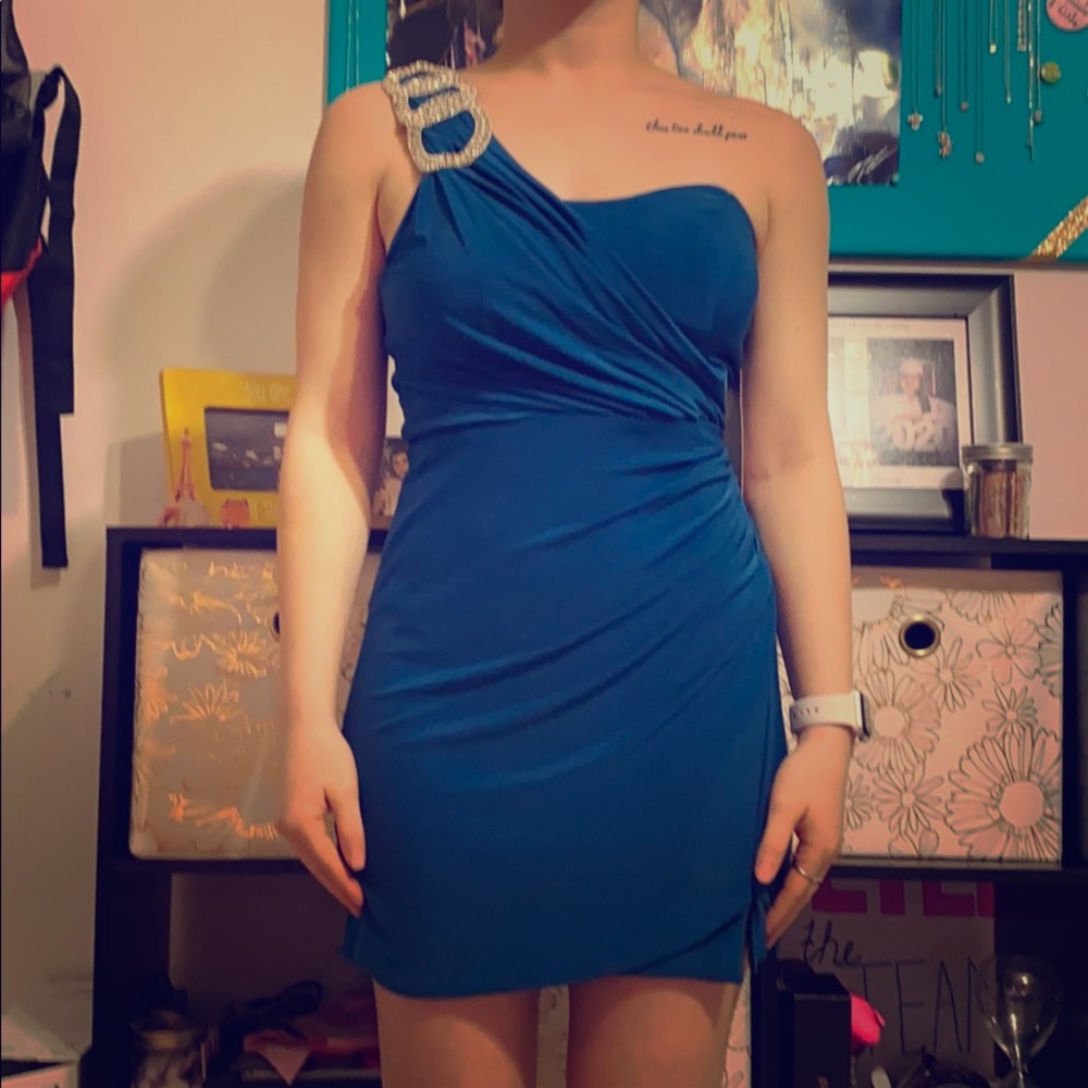 Blue Formal Dress with Detailed Shoulder NWT